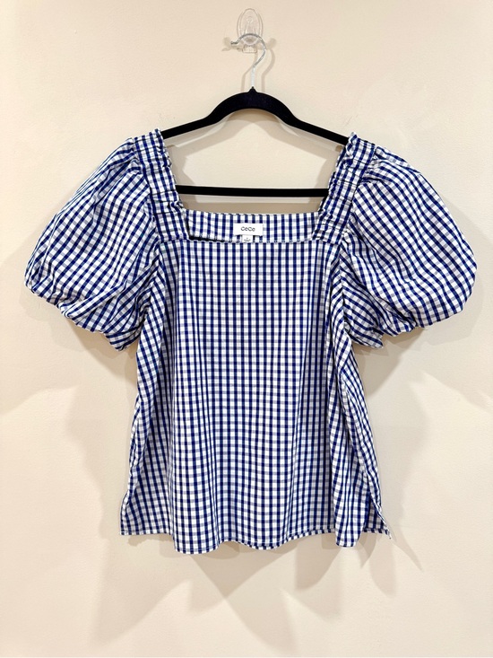 CeCe Tops - CeCe Blue White Gingham Puff Sleeve Cotton Blouse Square Neck Top M